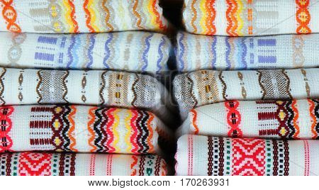 Colorful fabrics with traditional Bulgarian embroidery v