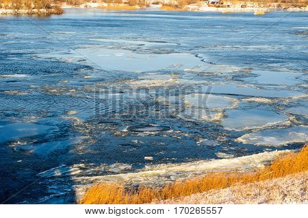 Drifting Ice Floes On A River Dnieper