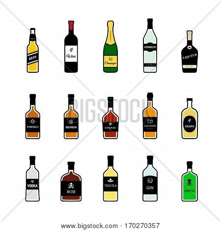 Bottles of alcoholic beverages. Vector colorful icons set.