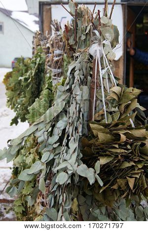 Birch oak and cherry tree brooms for Russian bath with focus on birch ones. Brooms hanging on carrier under sky for sale. Besoms are dried on the aluminum wire.