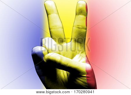 v sign hand painted with romanian flag over the romania flag