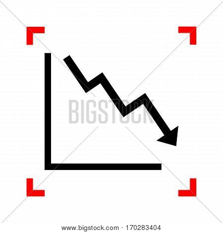 Arrow pointing downwards showing crisis. Black icon in focus corners on white background. Isolated.