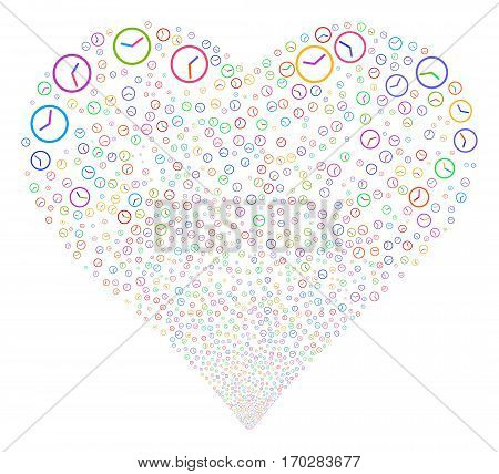 Clock fireworks with heart shape. Vector illustration style is flat bright multicolored iconic symbols on a white background. Object stream combined from scattered icons.