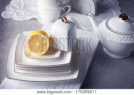 Set of dishes on grey table