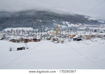 View Of Padola Village In Winter. Italian Dolomites