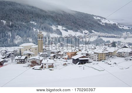 View Of Padola Village In Winter. Italian Dolomites