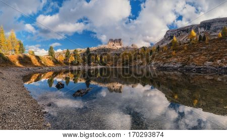 Italy. Dolomites. Autumn on lake Limides and views of mount Averau