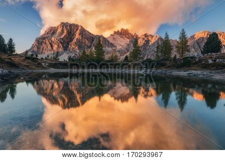 Italy. Dolomites. Sunset on Lake Limides. Mountain landscape
