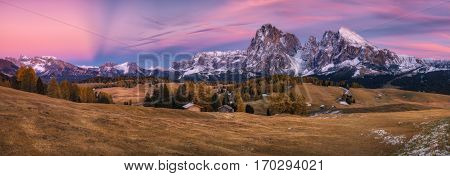 Italy. Dolomites. Panorama plateau Alpe di Siusi after sunset