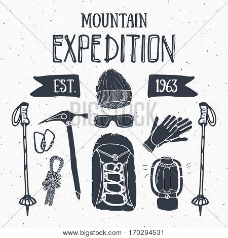 Mountain Expedition Vintage Set. Hand Drawn Sketch Elements For Retro Badge Emblem, Outdoor Hiking A