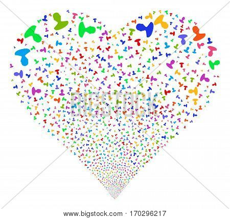 Person fireworks with heart shape. Vector illustration style is flat bright multicolored iconic symbols on a white background. Object valentine heart constructed from random icons.
