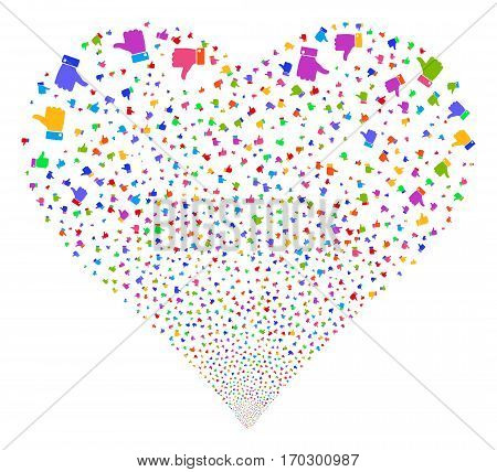 Thumb Up fireworks with heart shape. Vector illustration style is flat bright multicolored iconic symbols on a white background. Object heart made from random pictograms.