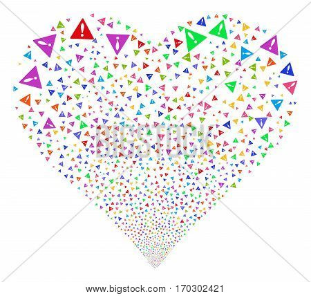 Warning fireworks with heart shape. Vector illustration style is flat bright multicolored iconic symbols on a white background. Object heart made from scattered symbols.