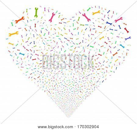 Wrench fireworks with heart shape. Vector illustration style is flat bright multicolored iconic symbols on a white background. Object valentine heart made from scattered icons.
