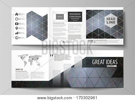 Set of business templates for tri fold square design brochures. Leaflet cover, abstract flat layout, easy editable vector. Colorful dark background with abstract lines. Bright color chaotic, random, messy curves. Colourful vector decoration.