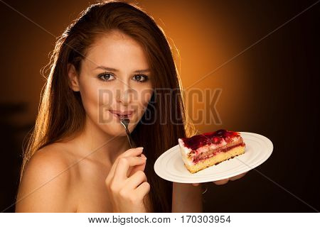 Strawberry Cake - Wman Eats Sweet Dessert Isolated