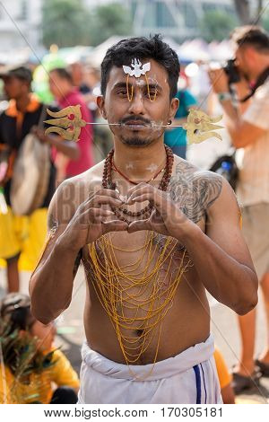 Georgetown Penang Malaysia - February 9 2017 : Hindu devotee taking part in the Thaipusam festival on February 9 2017 in Malaysia. Hindu festival to worship God Muruga.
