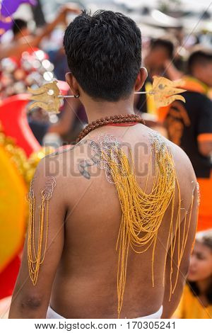 Georgetown Penang Malaysia - February 9 2017 : Hindu devotee taking part in the Thaipusam festival on February 9 2017 in Malaysia. Hindu festival to worship God Muruga.