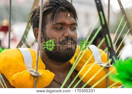 Georgetown Penang Malaysia - February 9 2017 : Hindu devotee taking part in the Thaipusam festival on February 9 2017 in Malaysia. Hindu festival to worship God Muruga.