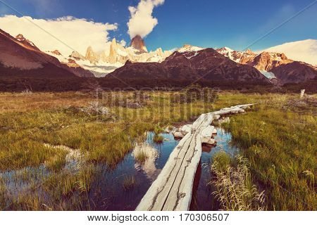 Famous Cerro Fitz Roy - one of the most beautiful and hard to accent rocky peak in Patagonia, Argentina