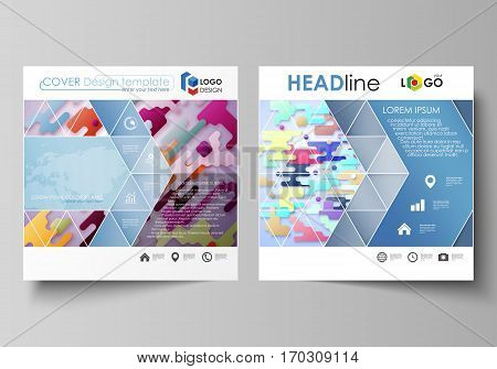 Business templates for square design brochure, magazine, flyer, booklet or annual report. Leaflet cover, abstract flat layout, easy editable vector. Bright color lines and dots, colorful minimalist backdrop with geometric shapes forming beautiful minimali