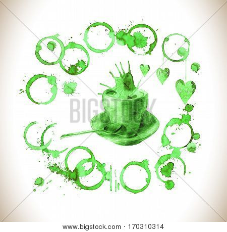 Cup Of Fresh Green Tea With  Tea Stain