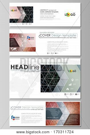 Social media and email headers set, modern banners. Business templates. Easy editable abstract design template, vector layouts in popular sizes. Chemistry pattern, molecular texture, polygonal molecule structure, cell. Medicine, science, microbiology conc