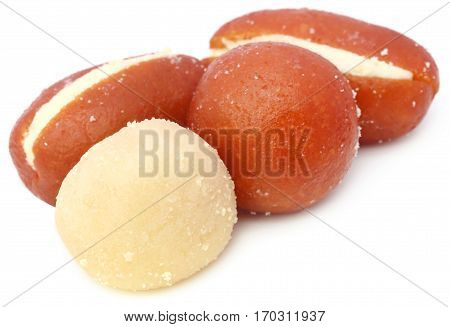 Popular Bangladeshi indian Sweetmeats over white background