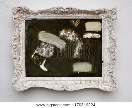 abstract art expressionism canvas in vintage antique white frame on the white wall. See more in my portfolio