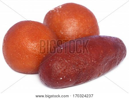 Popular Bangladeshi Sweetmeats Pantua and Kalojam over white background