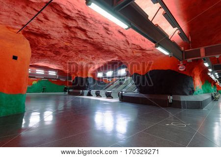 STOCKHOLM, SWEDEN - DECEMBER 26, 2016: Interior of Solna centrum subway station. Over 90 subway stations have been decorated with sculptures, mosaics, paintings and reliefs by over 150 artists