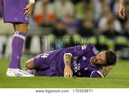 BARCELONA, SPAIN - SEPT, 18: Sergio Ramos of Real Madrid during a Spanish League match against RCD Espanyol at the RCDE Stadium on September 18 2016 in Barcelona Spain