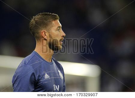 BARCELONA, SPAIN - SEPT, 18: Sergio Ramos of Real Madrid before a Spanish League match against RCD Espanyol at the RCDE Stadium on September 18 2016 in Barcelona Spain