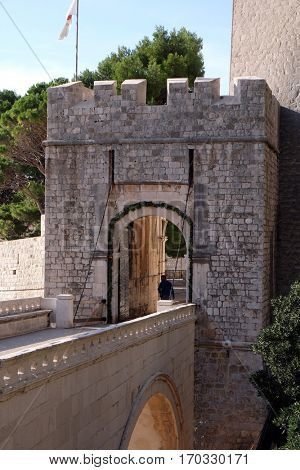 DUBROVNIK, CROATIA - NOVEMBER 30: Ploce Gate one of the entrance gates to the old walled city of Dubrovnik, Croatia on November 30, 2015.