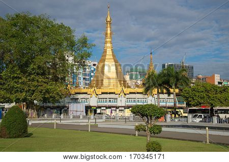 YANGON, MYANMAR - DECEMBER 17, 2016: A view of the Sule pagoda on a cloudy day