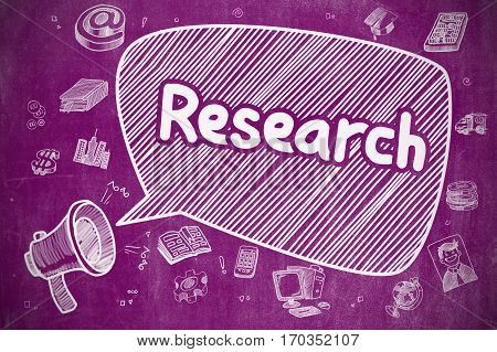Business Concept. Megaphone with Phrase Research. Doodle Illustration on Purple Chalkboard. Research on Speech Bubble. Hand Drawn Illustration of Shrieking Megaphone. Advertising Concept.