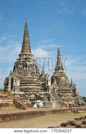 Two ancient Buddhist stupas of Wat Phra Si Sanphet in historic park of the city of Ayutthaya, Thailand