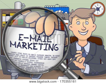 E-Mail Marketing. Happy Man Sitting in Offiice and Showing Concept on Paper through Magnifying Glass. Colored Modern Line Illustration in Doodle Style.