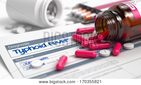 Typhoid Fever - Handwritten Diagnosis in the Medical History. Medicine Concept with Blister of Red Pills, Close Up View, Selective Focus. 3D Illustration.