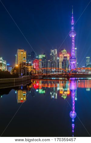 landmarks of Shanghai with Huangpu river in China.