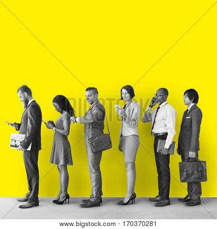 Business people queueing wall copy space