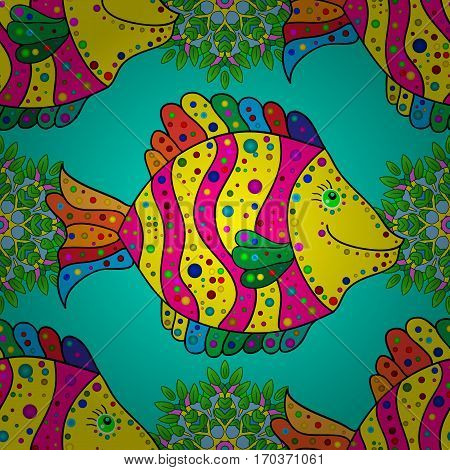 Zentangle stylized fish seamless pattern. Hand Drawn aquatic doodle vector illustration. Ocean life. Bright colors on blue background. Radial gradient shape.