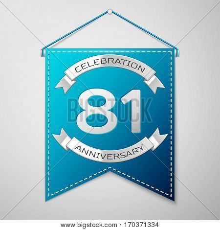 Blue pennant with inscription Eighty one Years Anniversary Celebration Design over a grey background. Silver ribbon. Colorful template elements for your birthday party. Vector illustration