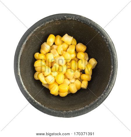 Cooked Corn Kernels Heap In Black Iron Bowl