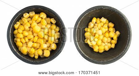 Cooked Corn Kernels Heap In Black Iron Bowl