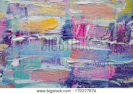 Hand drawn acrylic painting. Abstract art background. Acrylic painting on canvas. Color texture. Fragment of artwork. Brushstrokes of paint. Modern art. Contemporary art. Colorful canvas. Close up.