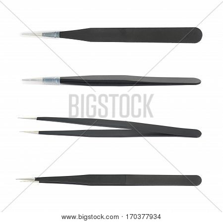 Black metal anti-static tweezers tool isolated over the white background, set of four different foreshortenings