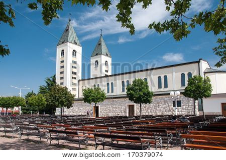 MEDJUGORJE, BOSNIA AND HERZEGOVINA, MAY 12, 2010 - Saint James church of Medjugorje in Herzegovina, where Blessed Virgin Mary appeared to six children in June 1981