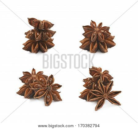 Pile of multiple Chinese star anise seeds, composition isolated over the white background, set of four different foreshortenings