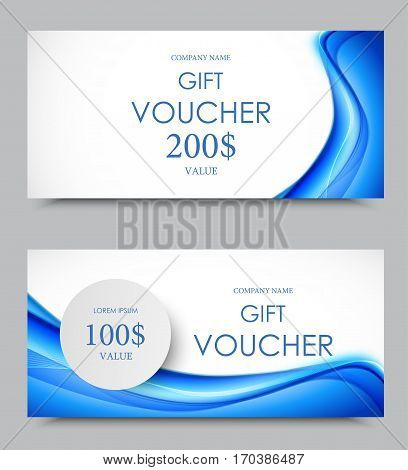 Gift company voucher template on two and one hundred dollars with blue wavy bent elegant soft lines pattern. Vector illustration